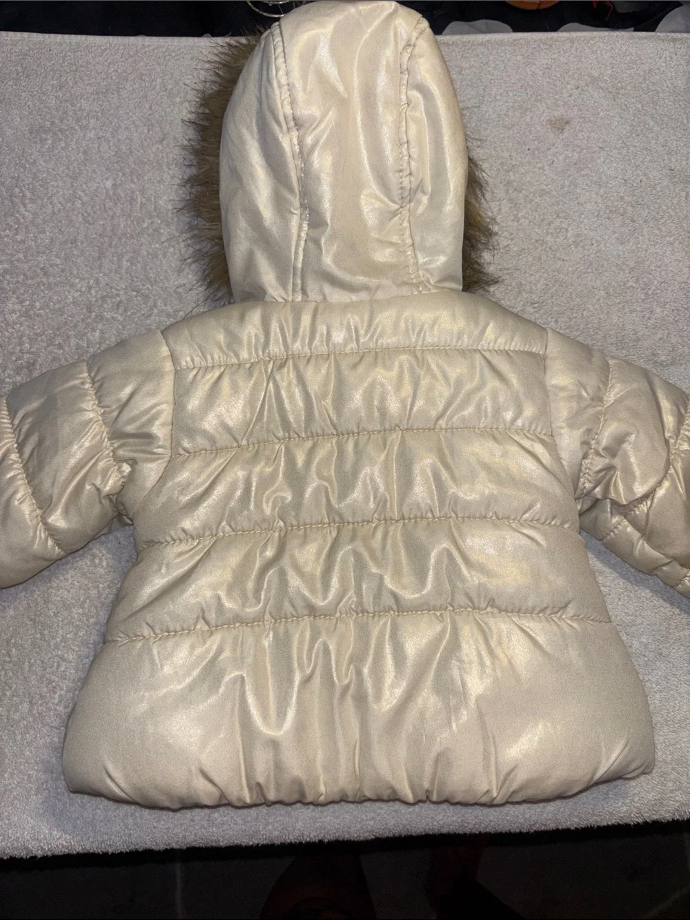 Metallic Cream Hooded Puffer Jacket with Faux-Fur Trim for Kids